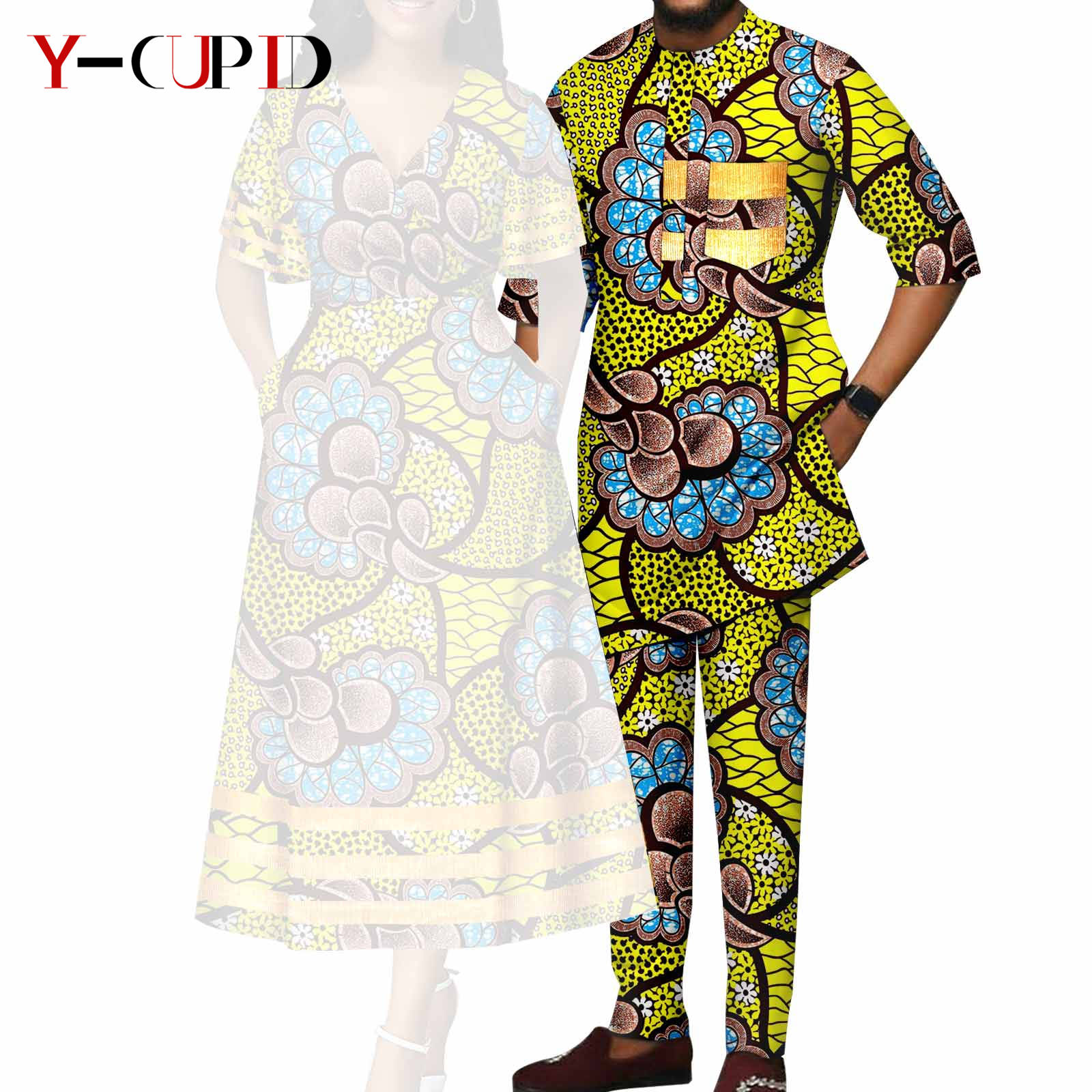 African Print V-neck Dresses for Women Couple Matching Men Outfits Top and Pant Sets Dashiki Bazin Riche Lover Outwear Y23C086