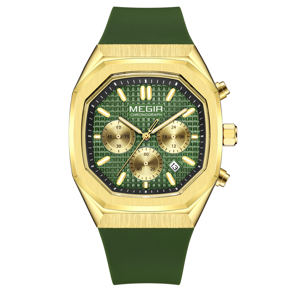 MEGIR Octagon Dial Silicone Strap Watch for Men Casual Yellow Chronograph Quartz Male Student Wristwatch with Date 24-hour 2215