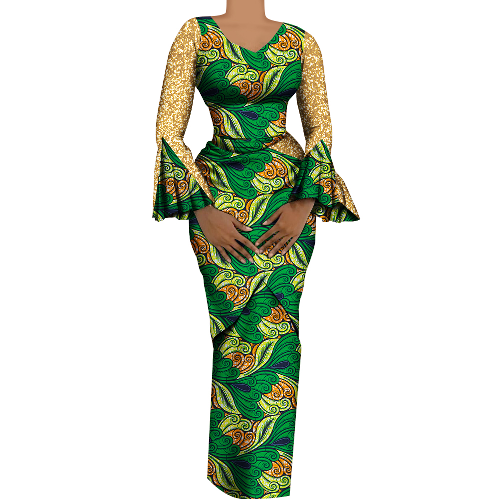 Women African Outfits 2 Pieces Set Shiny Flare Sleeves V Neck Tops and Long Pencil Skirts African Clothes for Women WY9972