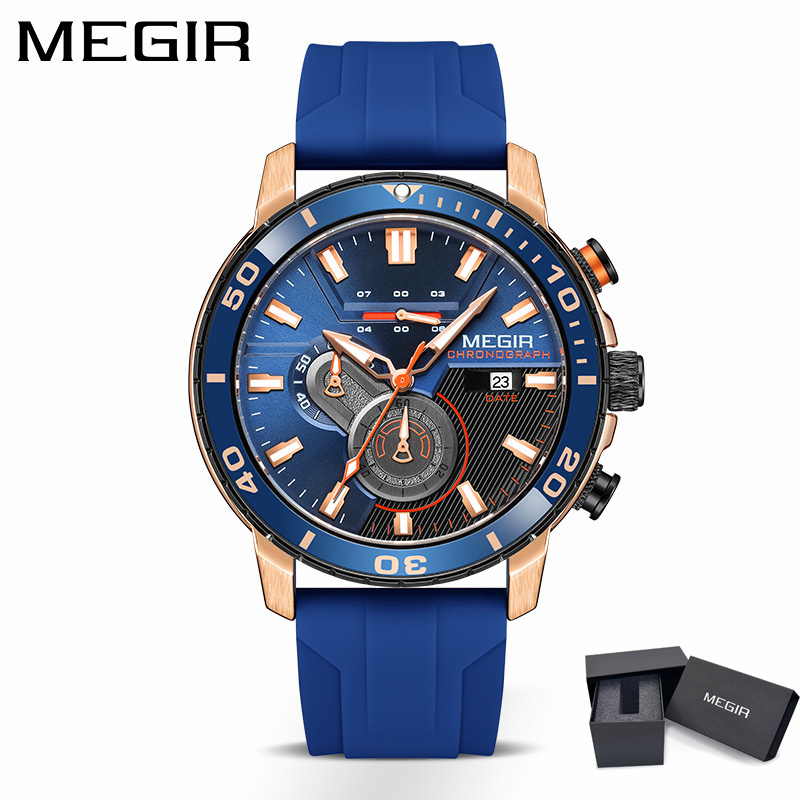 MEGIR 2224 Men Quartz Watch Sport Fashion Creative Cool Orange Silicone Strap Chronograph Luminous Date Wristwatch for Male