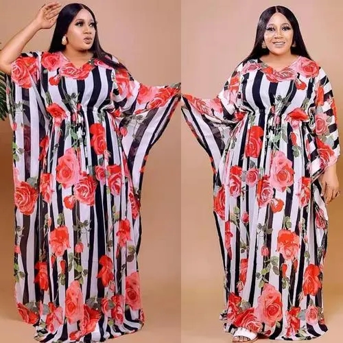 Bobo African Dresses For Women V-collar Long Sleeve Maxi Femme Vestidos Kaftan Flowers Print Stripe Summer Design Robe Gowns