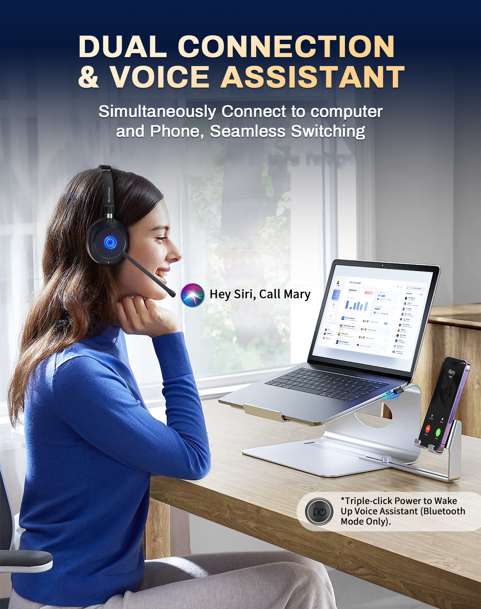 Rownfusny R02 Wireless Headset with Mic for Work USB Dongle Bluetooth Over Ear Headphones for Call Center Noise Cancelling