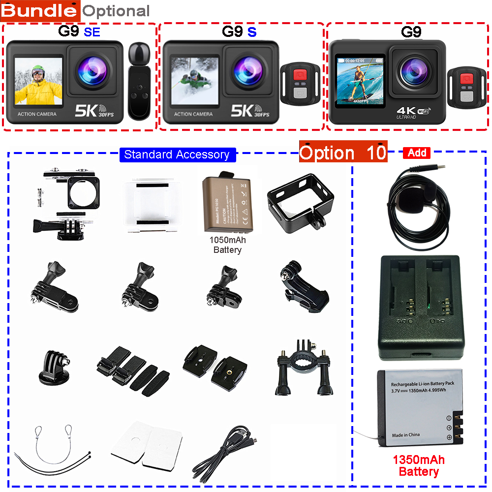 Action Camera 5K 4K60FPS 50MP 2.0 Touch EIS Pre-Record Wireless Mic Wi-Fi 170D DVR Webcam Waterproof 30M 5X Zoom Sports Camera