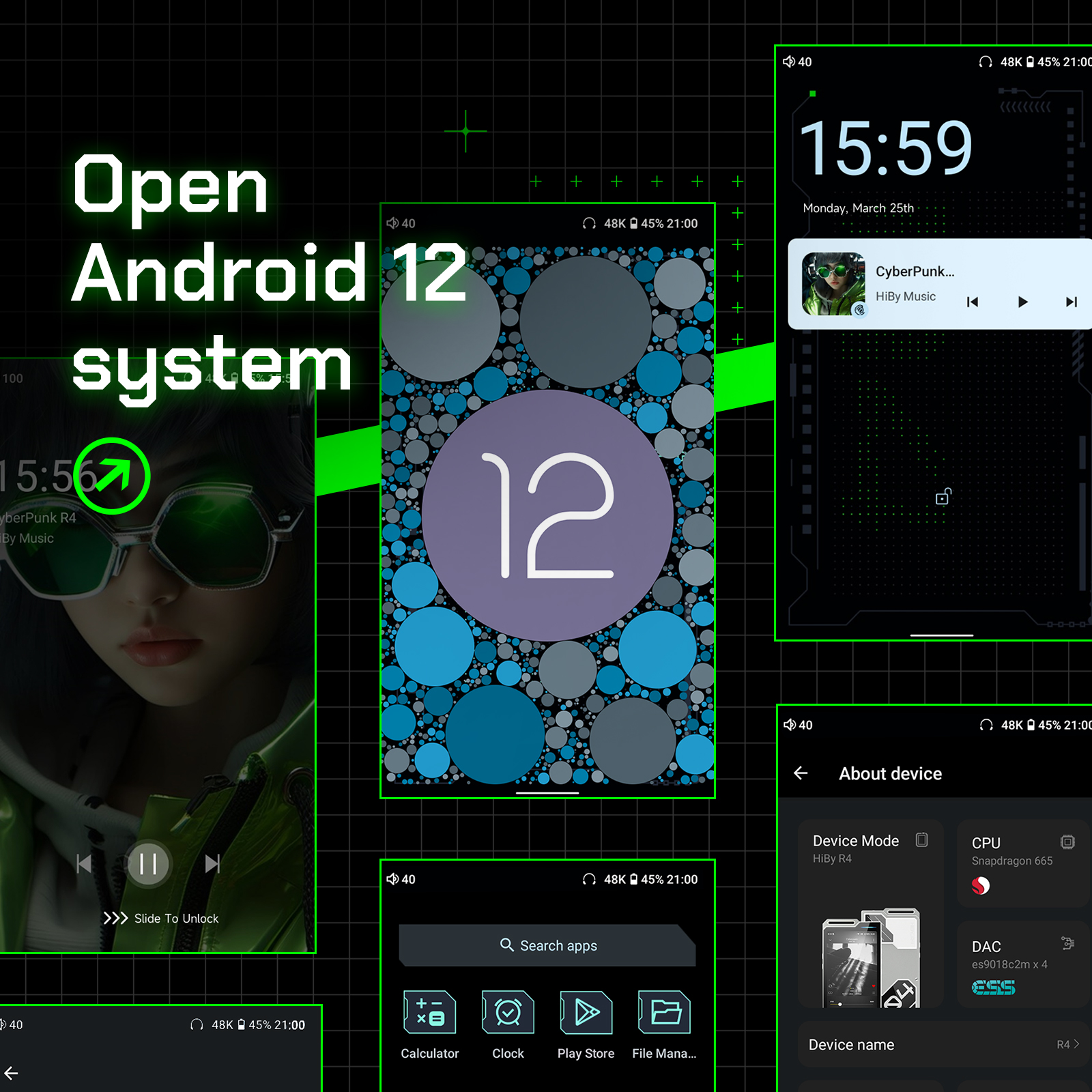 HiBy R4 ES9018Q2M*4 Android12 HiFi Music Player MP3 Audio Bluetooth WiFi DSD256 MQA 16x USB DAC Headphone AMP 11hr 4.7'' OPA1652