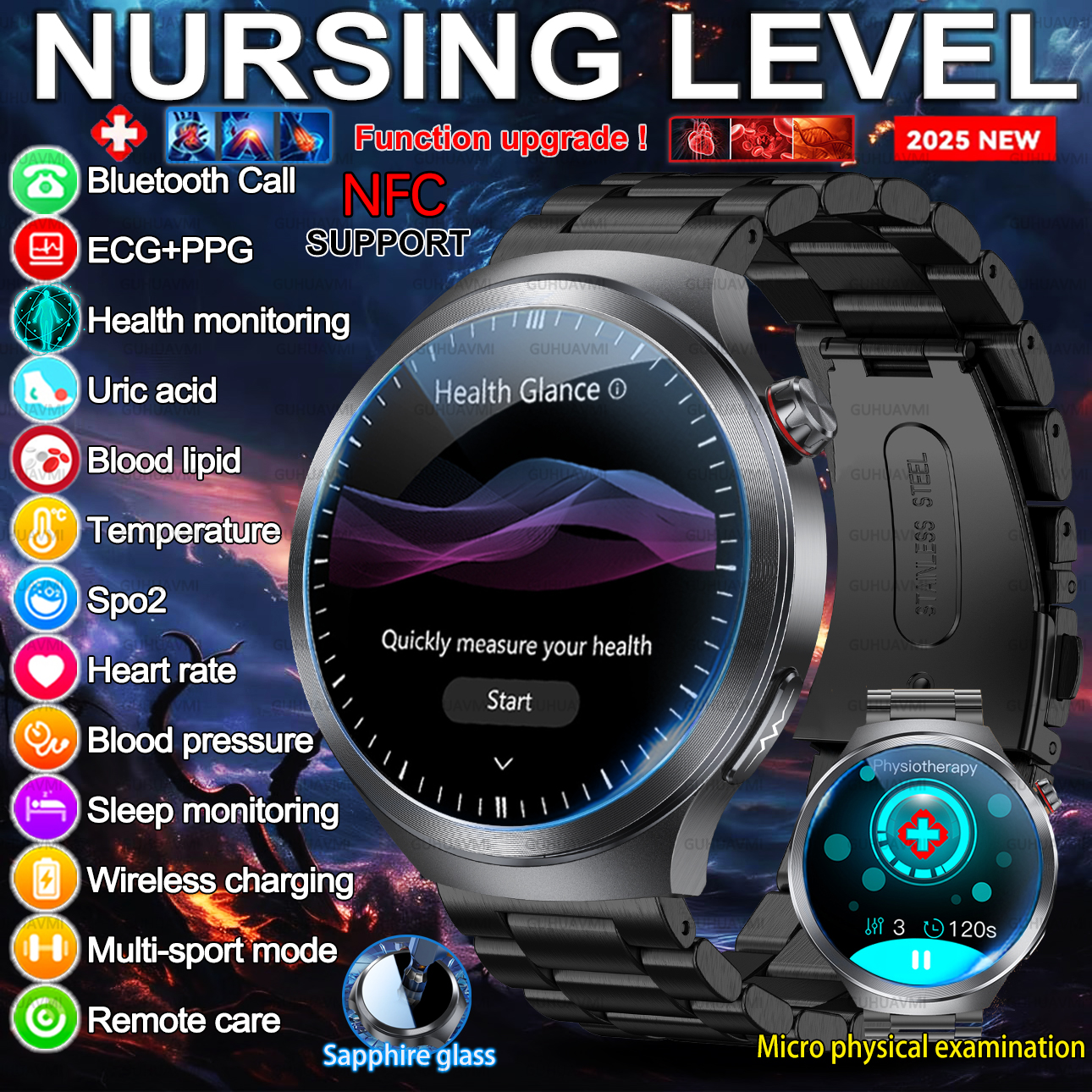 2025 New Health detection ECG+PPG Uric Acid Blood Oxygen Body Analysis Smart Watch Clock Bluetooth BT Call Smart Watch Men