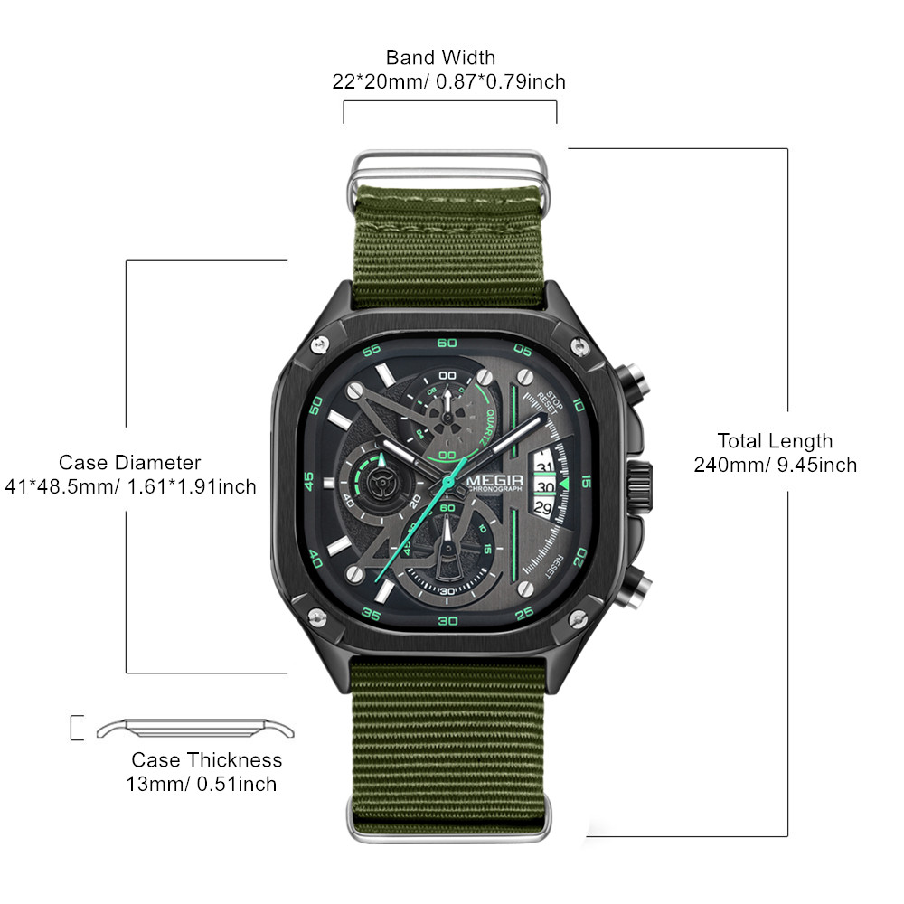 MEGIR Men's Watch Orange Canvas Strap Sports Wristwatch Chronograph Luminous Calendar Quartz Watches Clock Montre Homme 2217