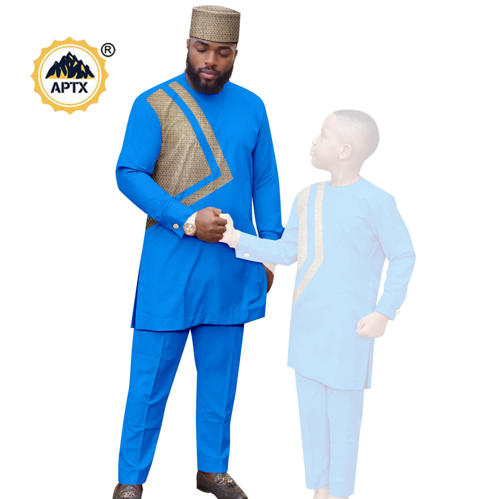 African Clothes for Family Dashiki Men Outfits Hat Top Shirt and Pant Sets Bazin Riche Father and Son Children Outwear 24F024