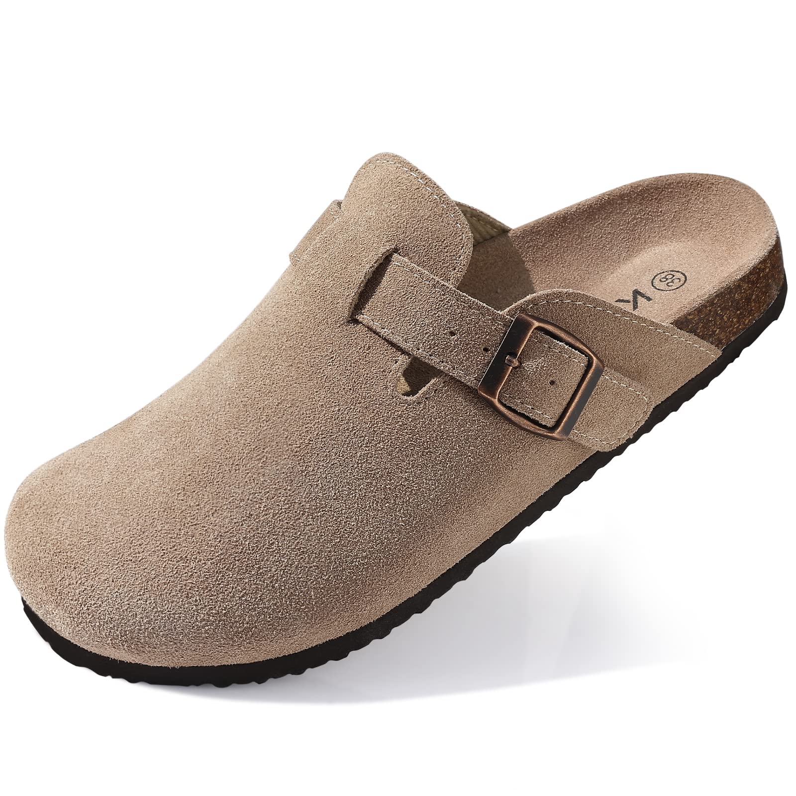 Kidmi Men's Suede Clogs Cork Footbed Clogs for Women Soft Leather Adjustable Buckle Slip-on Potato Shoes Sandals Beach Slippers