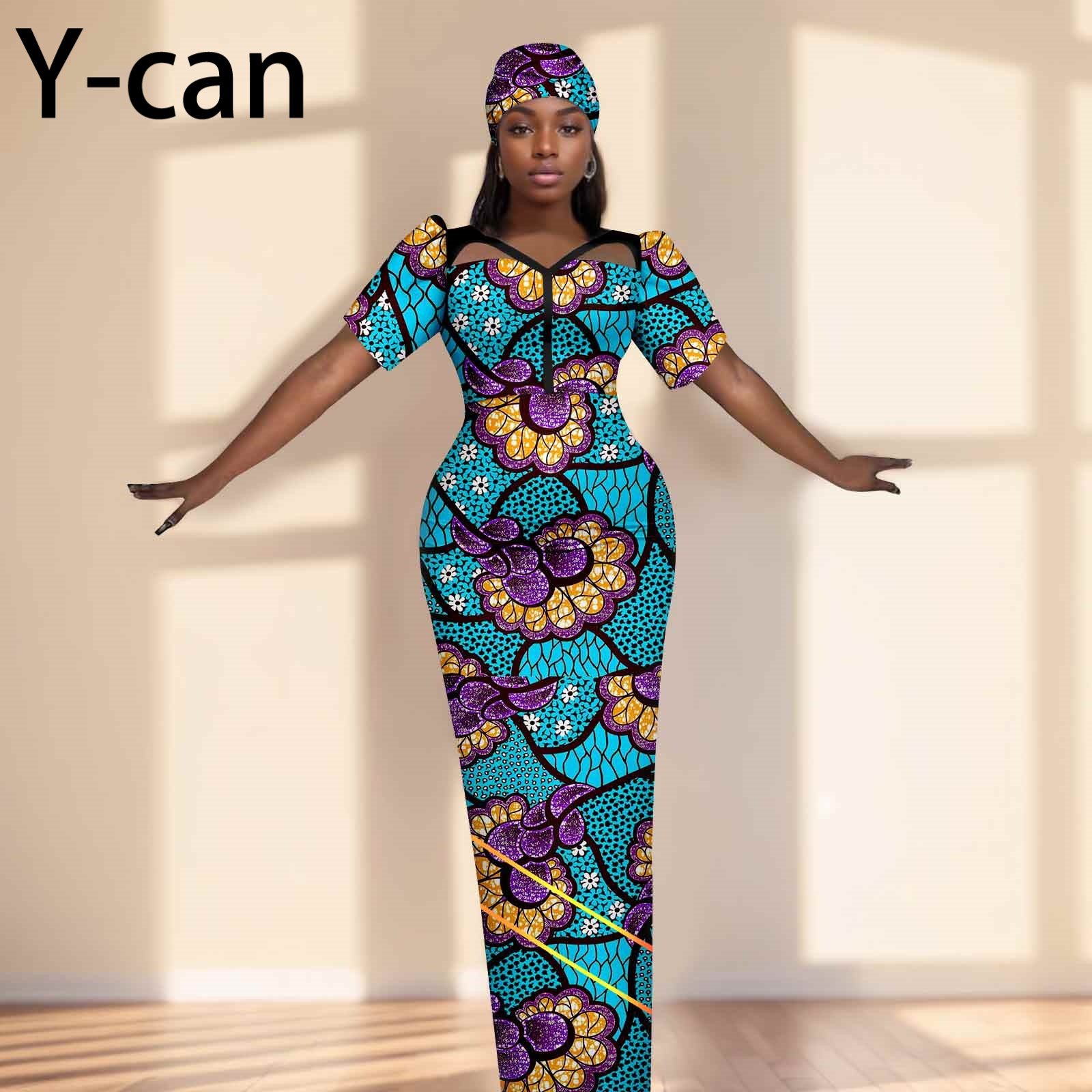 Party Gown African Dresses for Women Slim Fit Short Sleeve Dress Evening Vestidos with Headwrap Dashiki Ankara Print 2525071