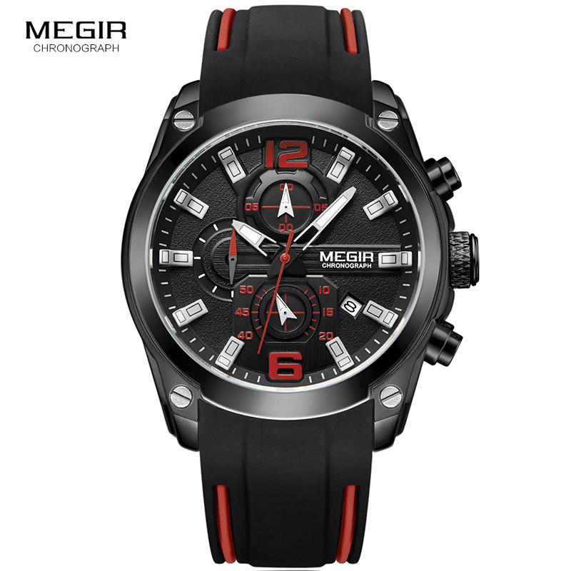 Megir Mens Quartz Analogue Chronograph Watches Sport Military Silicone Bracelete Luminous Hands Date Indicator Wristwatch 2063G