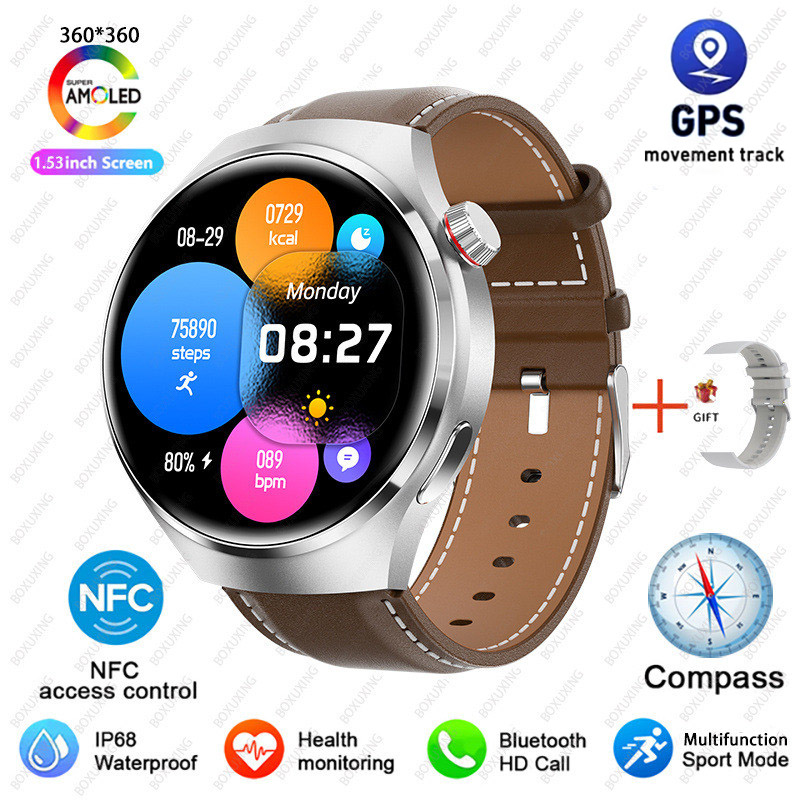 2025 New Watch 4 Pro GPS NFC Smart Watch Men 360*360 AMOLED Screen Heart Rate Bluetooth Call Waterproof Sports Man Smartwatch