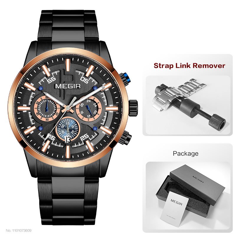 MEGIR Formal Dress Watch Men Luminous Chronograph Quartz Wristwatch with Stainless Steel Strap Auto Date 24-hour Black Rose Gold