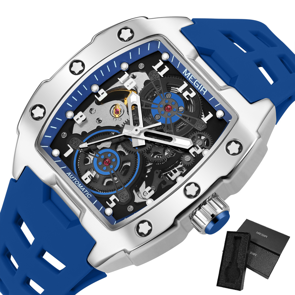 MEGIR Blue Automatic Mechanical Watch for Men Fashion Casual Sport Waterproof Wristwatch Male with Silicone Strap Tonneau Dial