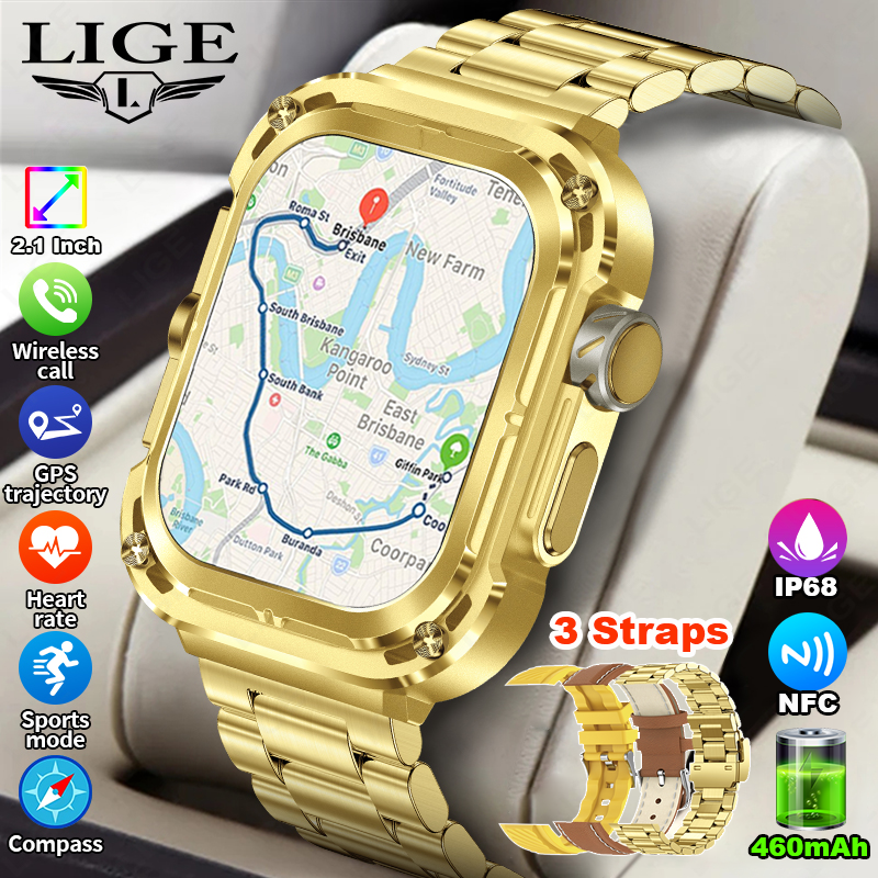 LIGE New GPS Tracker Smart Watch 460mAh Battery 2.1'' HD Screen NFC Compass Men Smartwatch Military Outdoor Sports Watches 2025