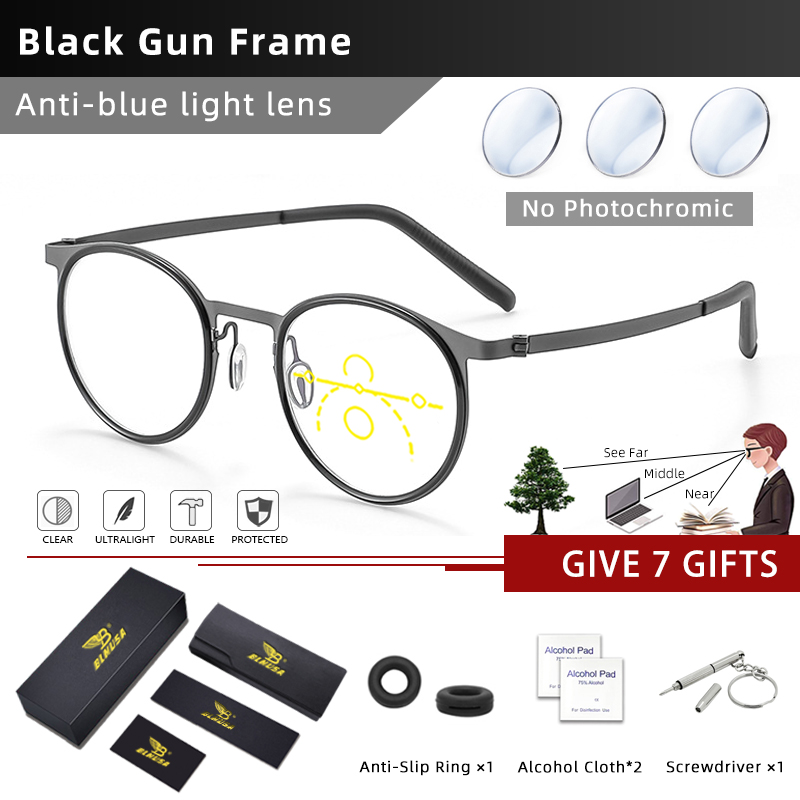 BLMUSA Vintage Round Optical Frame Anti Blue Light Reading Glasses for Men Ultralight Titanium Progressive Photochromic Glasses