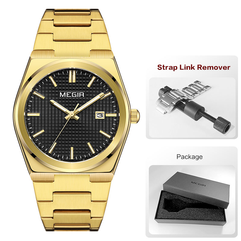 MEGIR Fashion Analog Quartz Watch for Men Steel Strap Dress Waterproof Luminous Wristwatch with Calendar Aquamarine Dial 1086