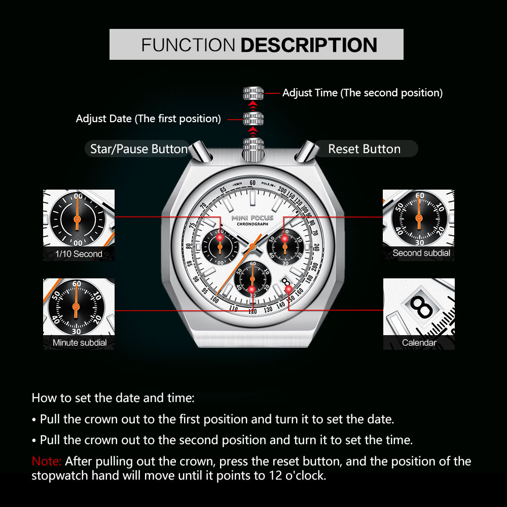 MINI FOCUS Chronograph Quartz Watch for Men Fashion Waterproof Luminous Wristwatch with Calendar Stainless Steel Strap 0601