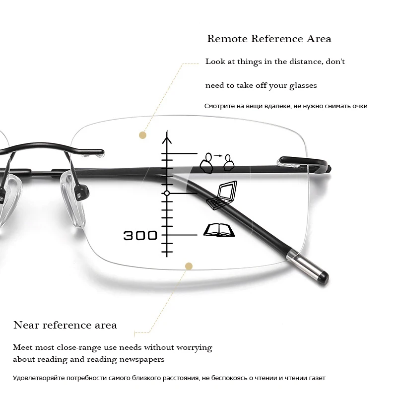 Business  Anti-blue Progressive Multifocal Reading Glasses Women Frameless Elderly Eyewear Men Protable Presbyopic Glasses