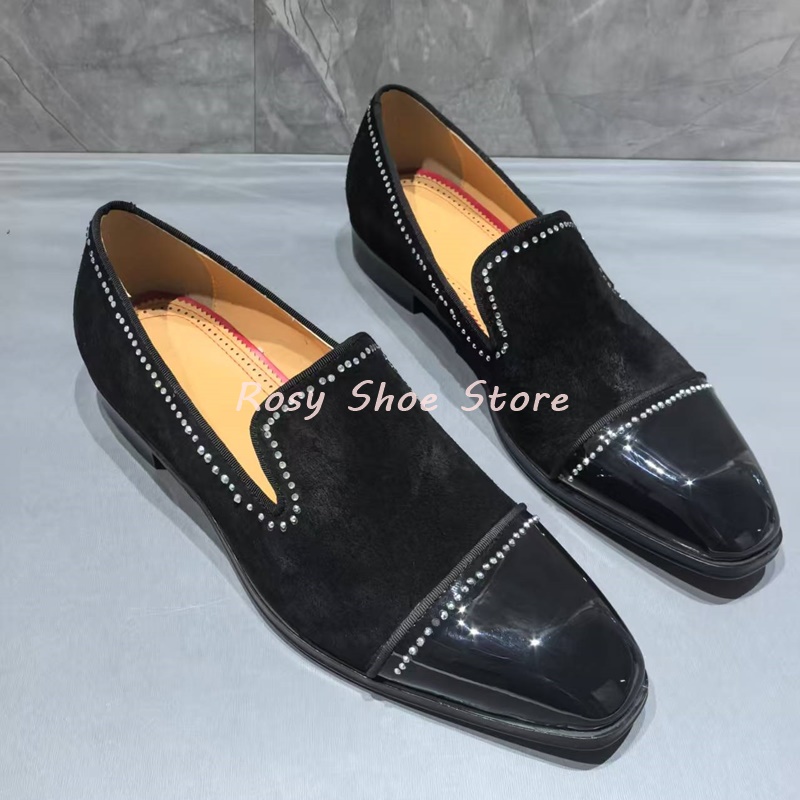 Men's Black Patent Suede Splicing Diamond Embellished Loafers Trendy Men's Formal Leather Shoe Casual Business Shoe Wedding Shoe