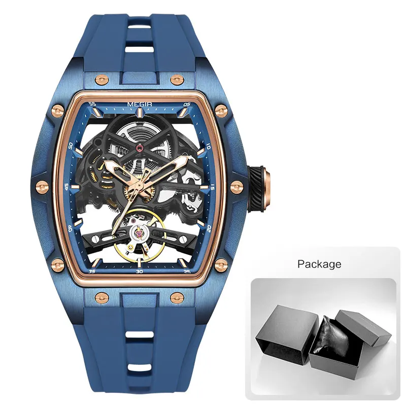 MEGIR Men's Automatic Mechanical Watch with Stainless Steel Case Silicone Band Skeleton Dial Waterproof Sport Wristwatch