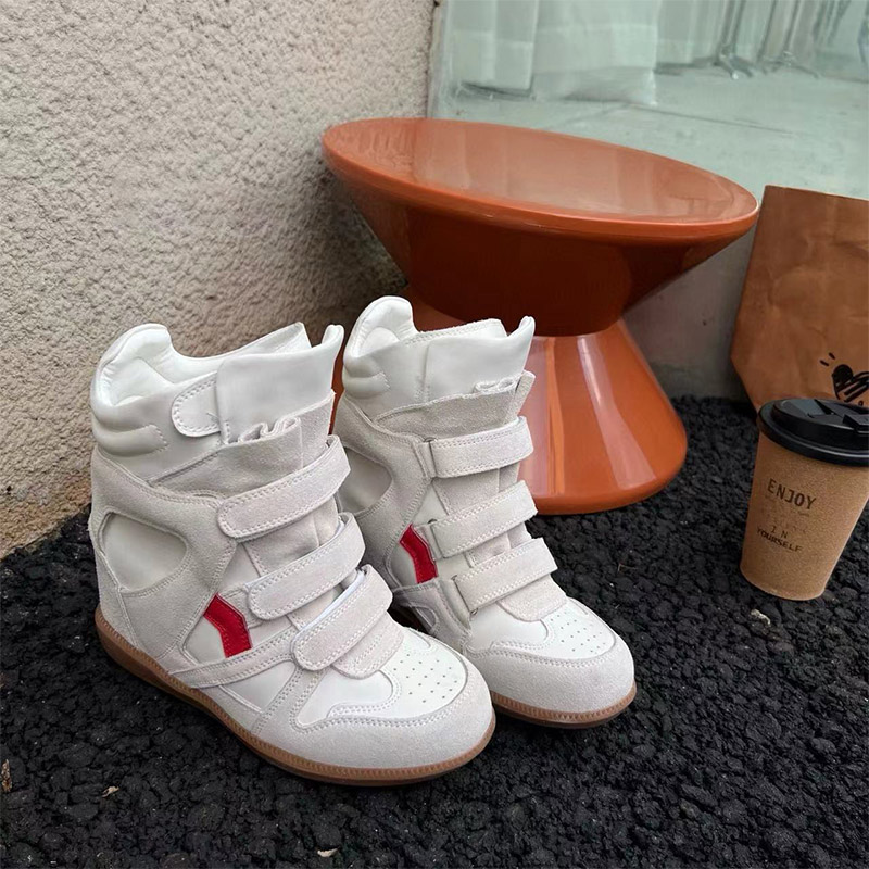 Brand Leather Wedge Sneakers Hook Loop Fastener Hiking Boots Women Thick Sole Platform Height Increasing Shoes Ankle Short Boots