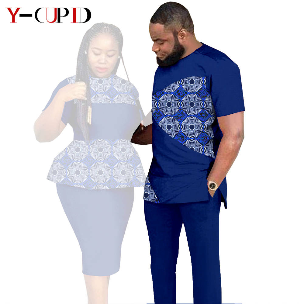 African Clothes for Couples Dashiki Women Patchwork Print Dresses Matching Men Outfit Top and Pants Sets Love Party Wear S20C010