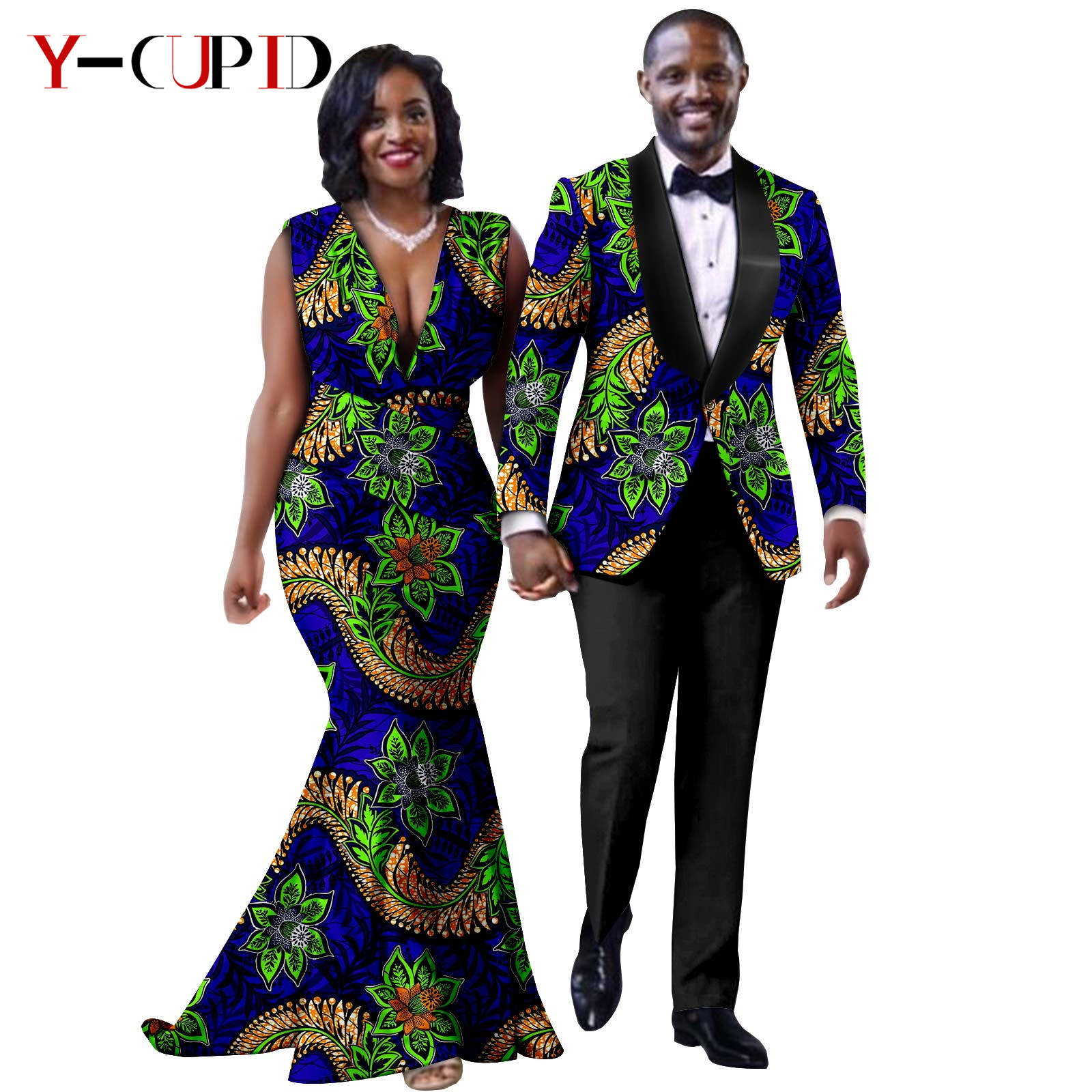 African Print Long Mermaid Dresses for Women Matching Couple Clothes Men Suits Top and Pant Sets Dashiki Party Wedding 25C005