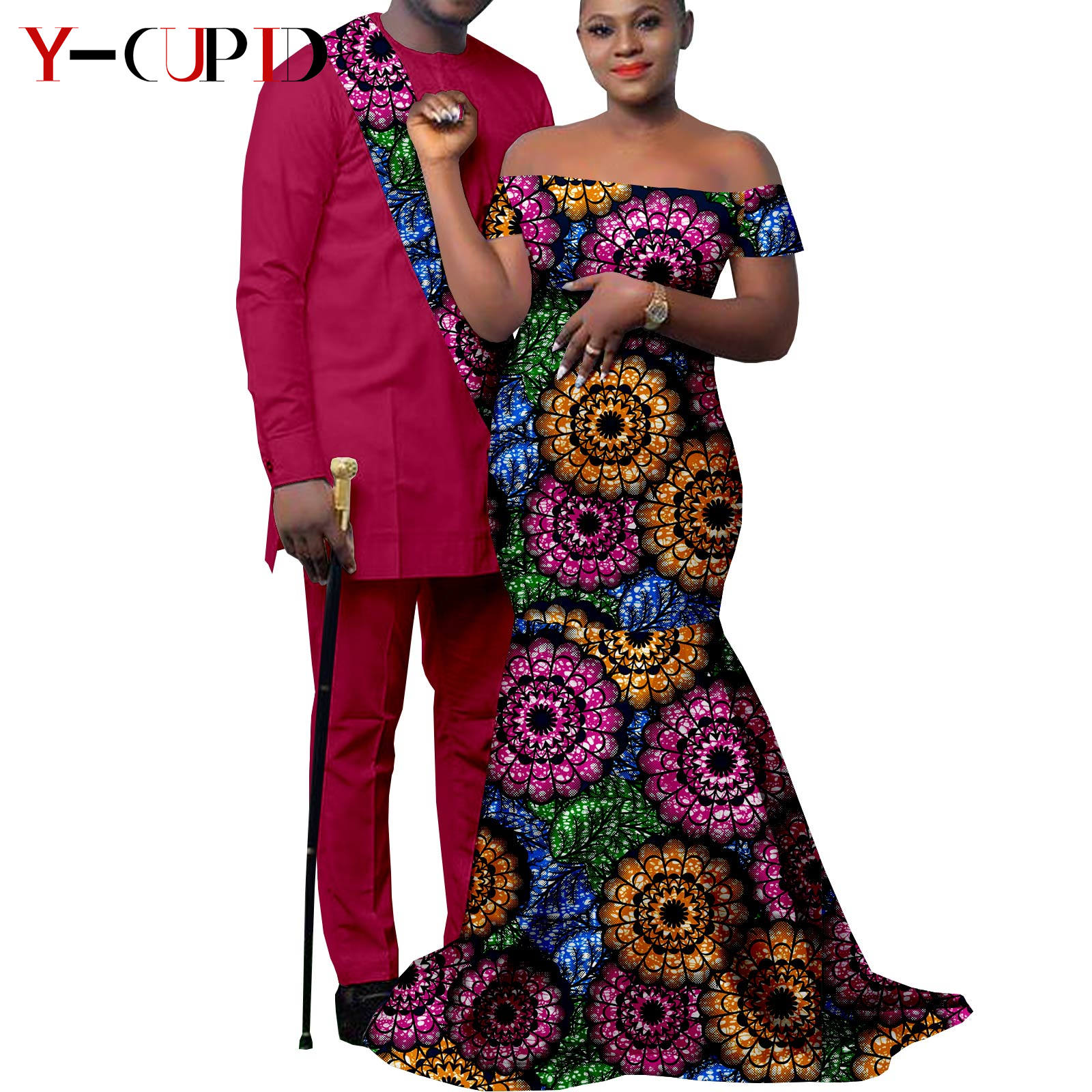 African Clothes for Couples Bazin African Print Long Dresses for Women Match Men Outfits Dashiki Top and Pants Sets Y22C023