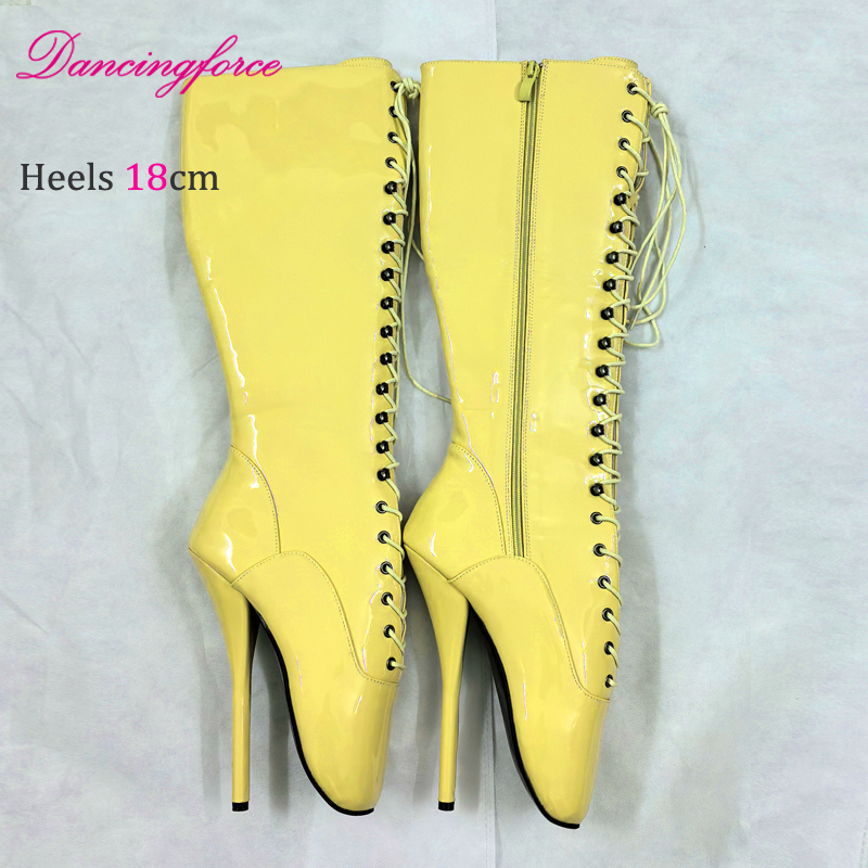 Dancingforce Stiletto Black Patent 18cm Sexy Fetish Ballet Shoes Extreme High Heel Women Knee High Ballet Boots Lace Up