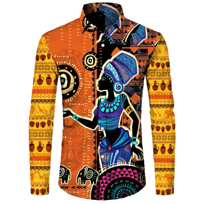 Colorful African Pattern Hawaiian Shirts For Men Retro Ethnic 3D Printed Blouse Casual Loose Aloha Shirts Long Sleeves Tops