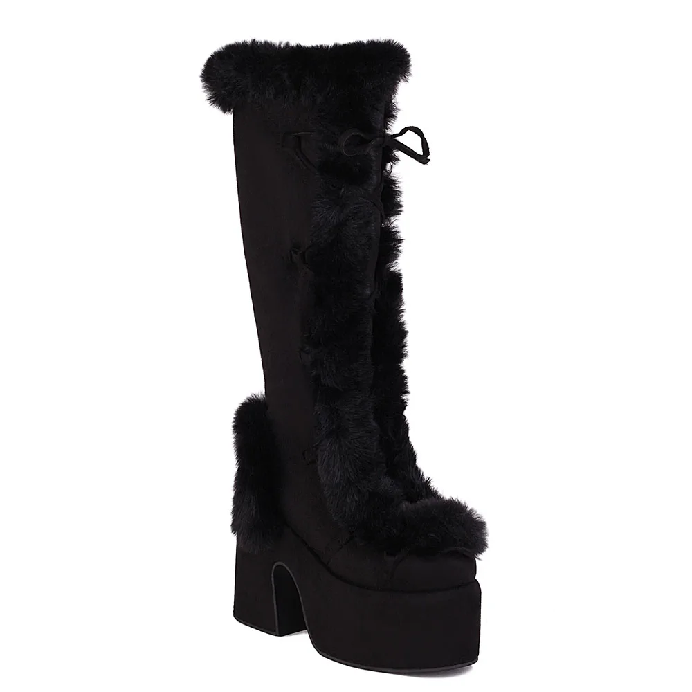 2024 Winter Big Size 43 y2k White Punk Style Women's Faux Fur Chunky Platform Boots Gothic Black Block High Heels Shoes