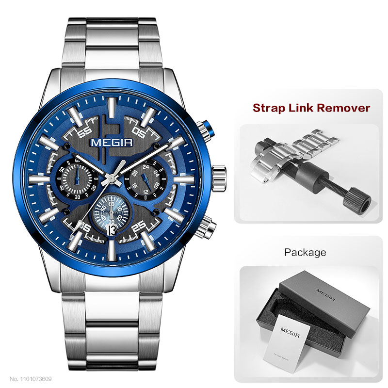 MEGIR Formal Dress Watch Men Luminous Chronograph Quartz Wristwatch with Stainless Steel Strap Auto Date 24-hour Black Rose Gold