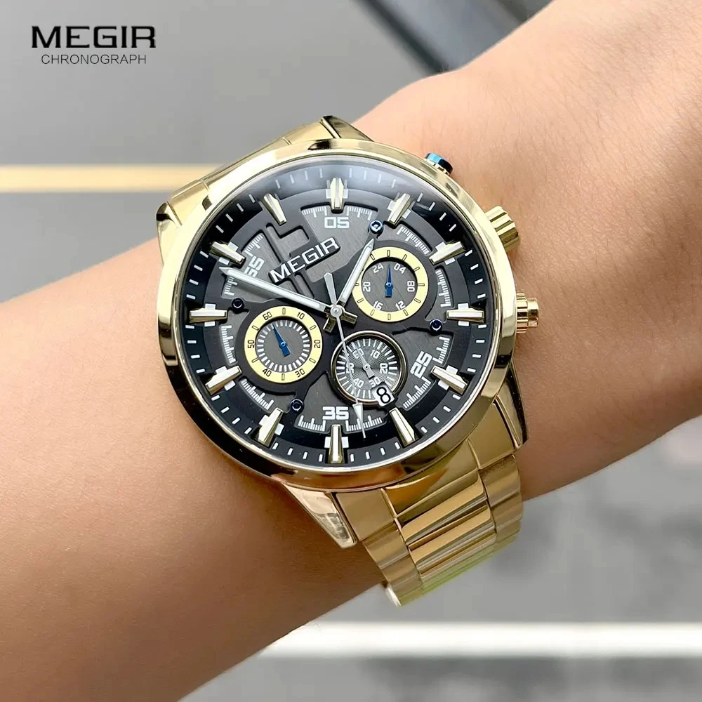 MEGIR 2220 Men's Quartz Watch Fashion and Elegant Business Chronograph Calendar Waterproof Stainless Steel Strap Watches for Man
