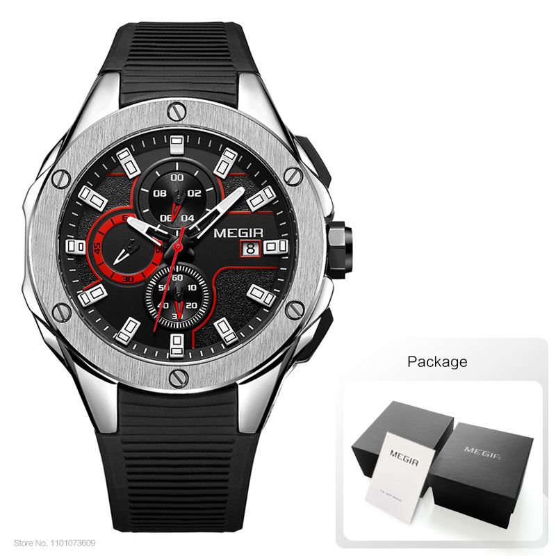 MEGIR Men's Sports Quartz Watches Fashion Silicone Strap Chronograph Wristwatch for Man Luminous Hands Waterproof 2053GBK