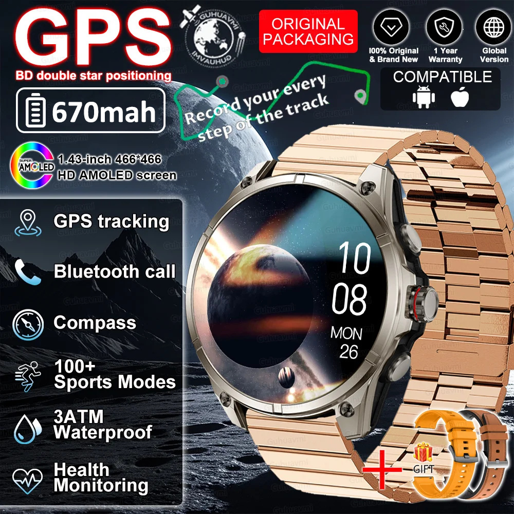 2026 GPS Smartwatch Outdoor Sports Waterproof Flashlight 1.43inch AMOLED Custom dial Call Compass Smart Watches For Android IOS