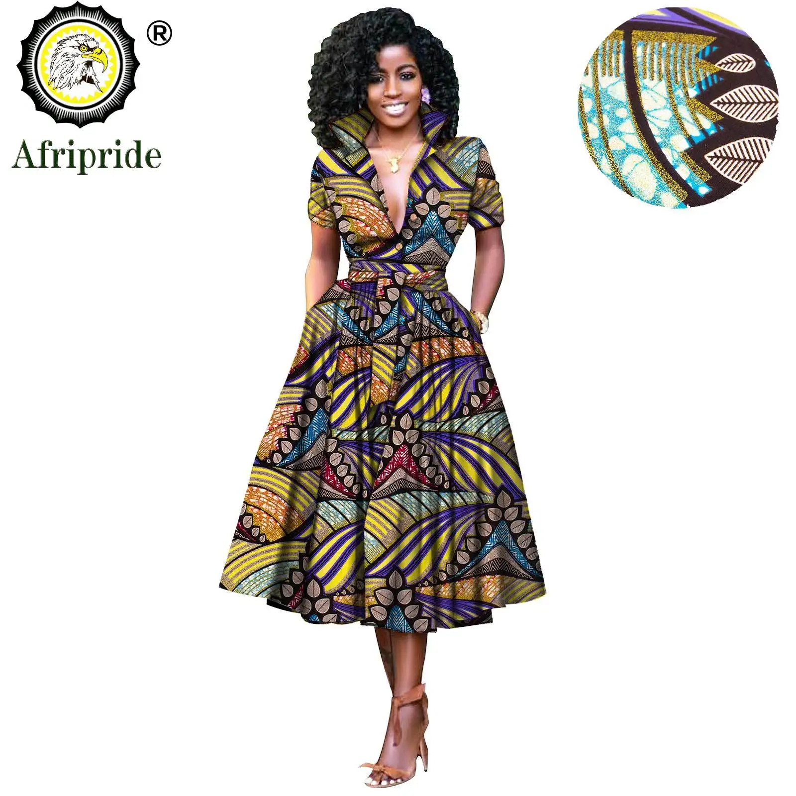 African Dresses for Women Short Sleeve V-neck High Waist Ankara Fabric Print Formal Dress Pure Cotton Bazin Riche Dress S2025072