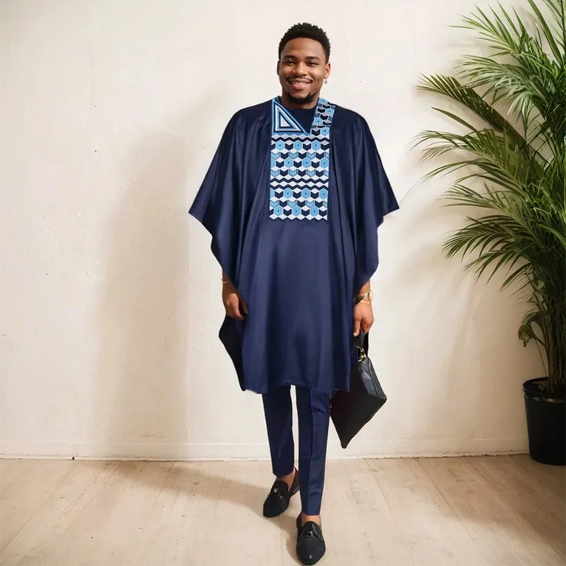 3 Piece African Clothes for Men Dashiki Tradition Outfit Robe Embroidery Tops Pants Suits Bazin Muslim Wedding Party Clothing