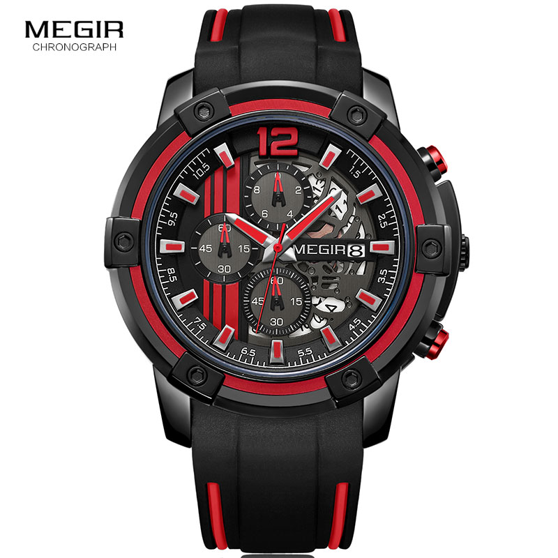Megir Men's Sports Quartz Watches Army Military Chronograph Wristwatch for Man Luminous Relogios Masculino Clock  2097 Black Red