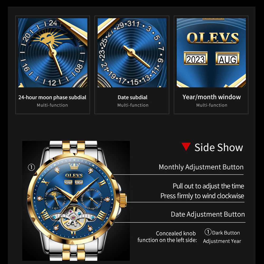 OLEVS Skeleton Multifunctional Men's Watch Automatic Mechanical Luxury Wrist Watch For Men Waterproof Stainless Steel Strap 6691