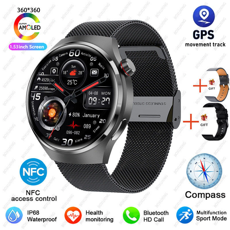 2025 New Watch 4 Pro GPS NFC Smart Watch Men 360*360 AMOLED Screen Heart Rate Bluetooth Call Waterproof Sports Man Smartwatch