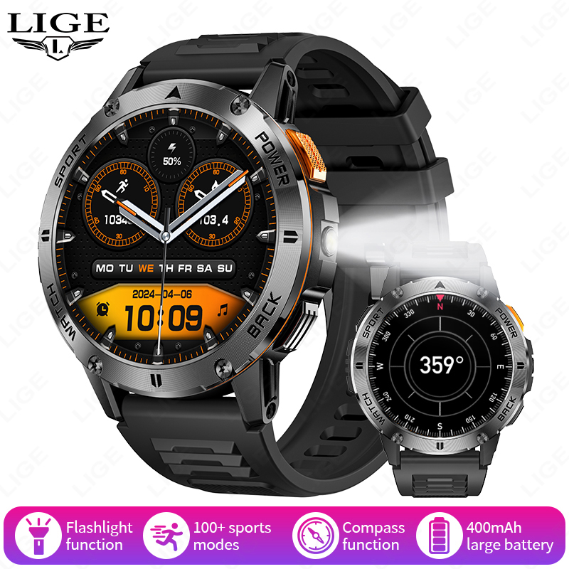 LIGE 2025 Outdoor GPS Sports Tracker Smart Watch Men Compass Bluetooth Call Waterproof Smartwatch LED Flashlight Ftiness Watches