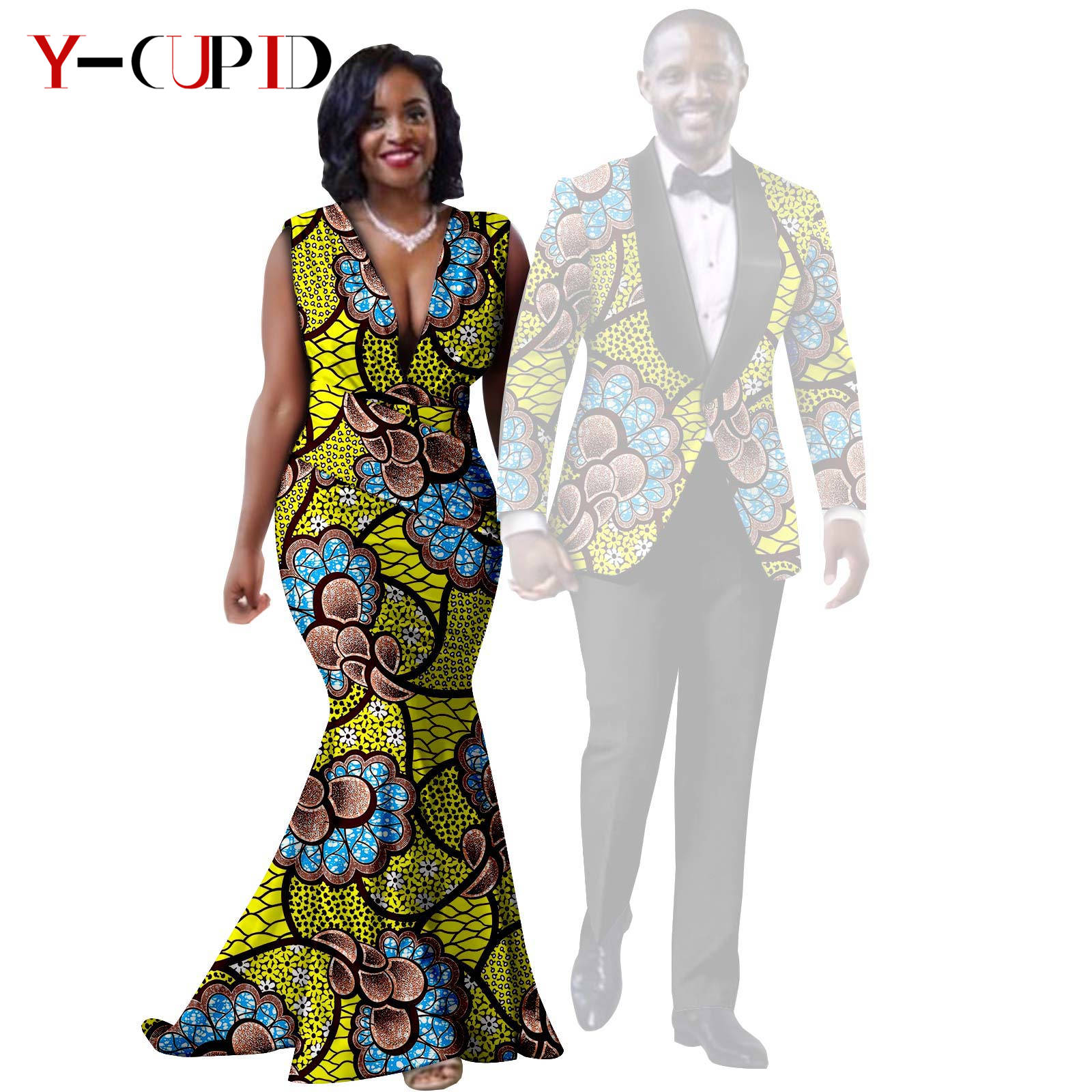 African Print Long Mermaid Dresses for Women Matching Couple Clothes Men Suits Top and Pant Sets Dashiki Party Wedding 25C005