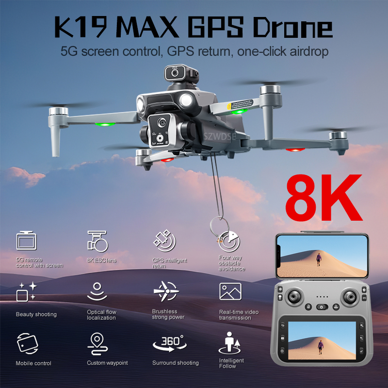 New K19 MAX GPS Drone Professional 8K Camera Aerial FPV Brush Avoiding Obstacle with Large Screen Remote Control Folding Drone