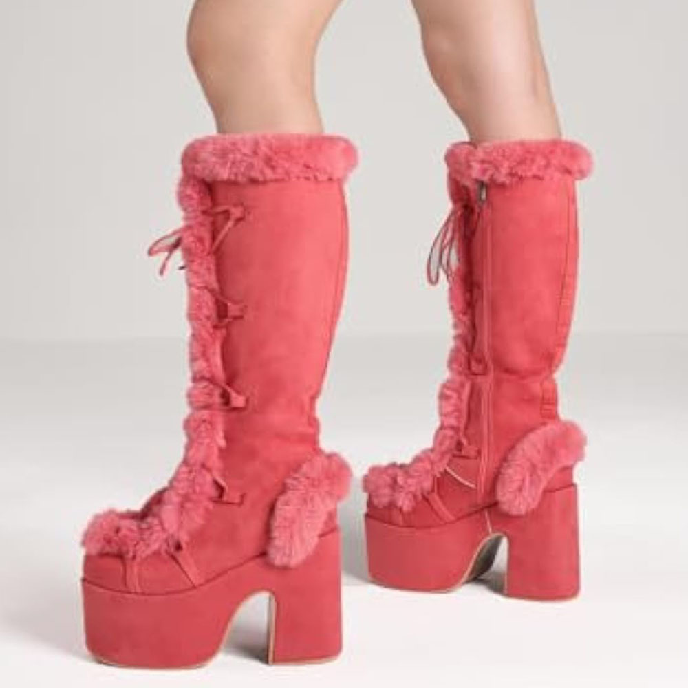 Big Size 46 Winter y2k Pink Knee High Boots Women White Chunky Platform Boots Gothic Black Faux Fur Block High Heels Boots Shoe