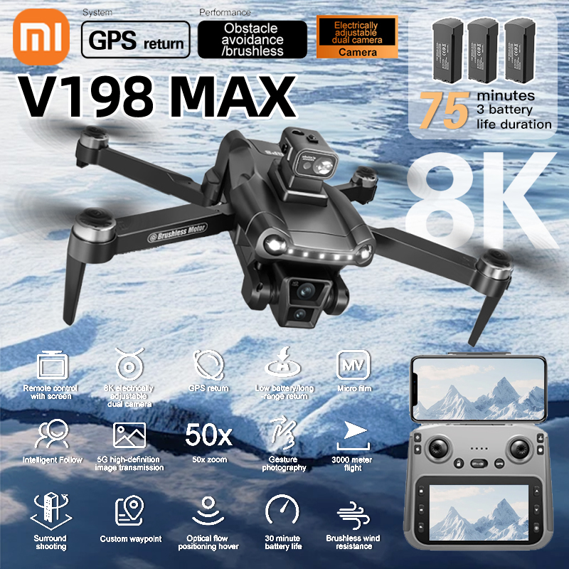 Xiaomi V198MAX GPS Drone 8K Professional Camera Aerial FPV Brush Laser Obstacle with Large Screen Remote Control Folding Dron