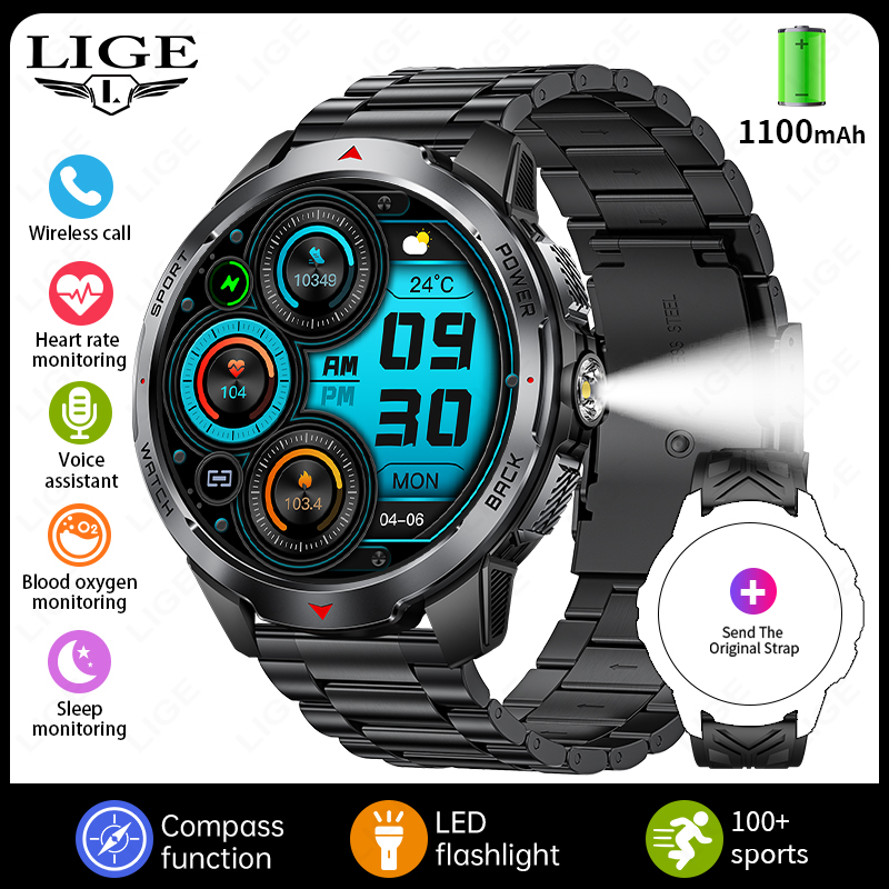 LIGE New 1100mAh Battery Smart Watches For Man Outdoor Sport LED Flashlight Compass Men’s Smartwatch Bluetooth Call Men Watches
