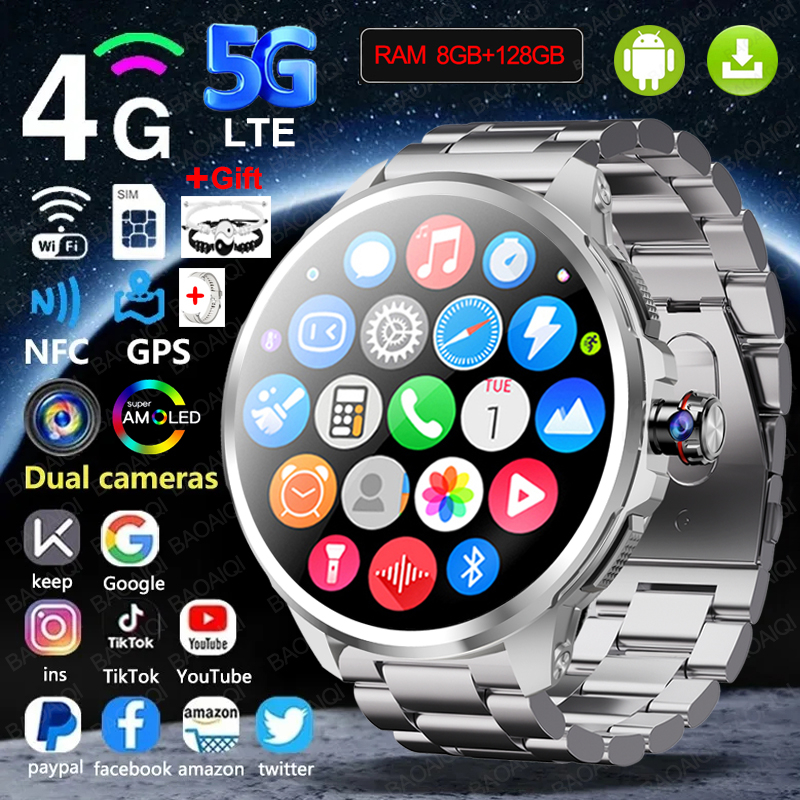 4G Full Network Smart Watch 1.95 inch Big Screen HD Video Call 8GB+128GB RAM 2100mAh Google Play WIFI GPS Sim Card 5G Smartwatch