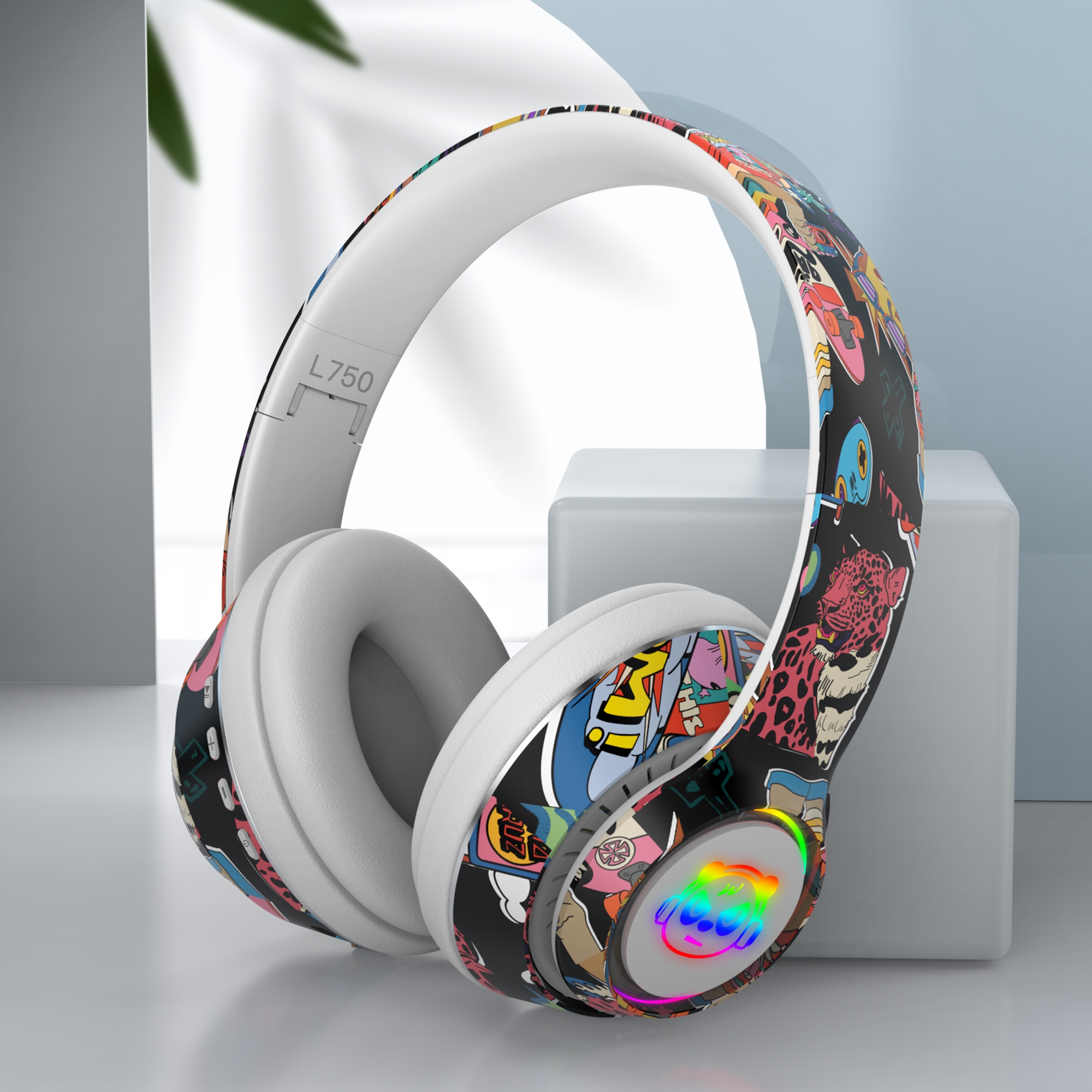 Graffiti Headphones Bluetooth 5.1 DJ Headset Wireless Gamer  with Mic RGB LED Light For Kids PC Gamer Earphone Support TF Card