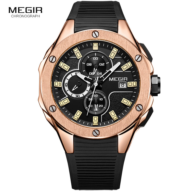 MEGIR Racing Sports Quartz Watches for Men Army Waterproof Luminous Silicone Band Chronograph Analog Wristwtach for Man 2053-1N0