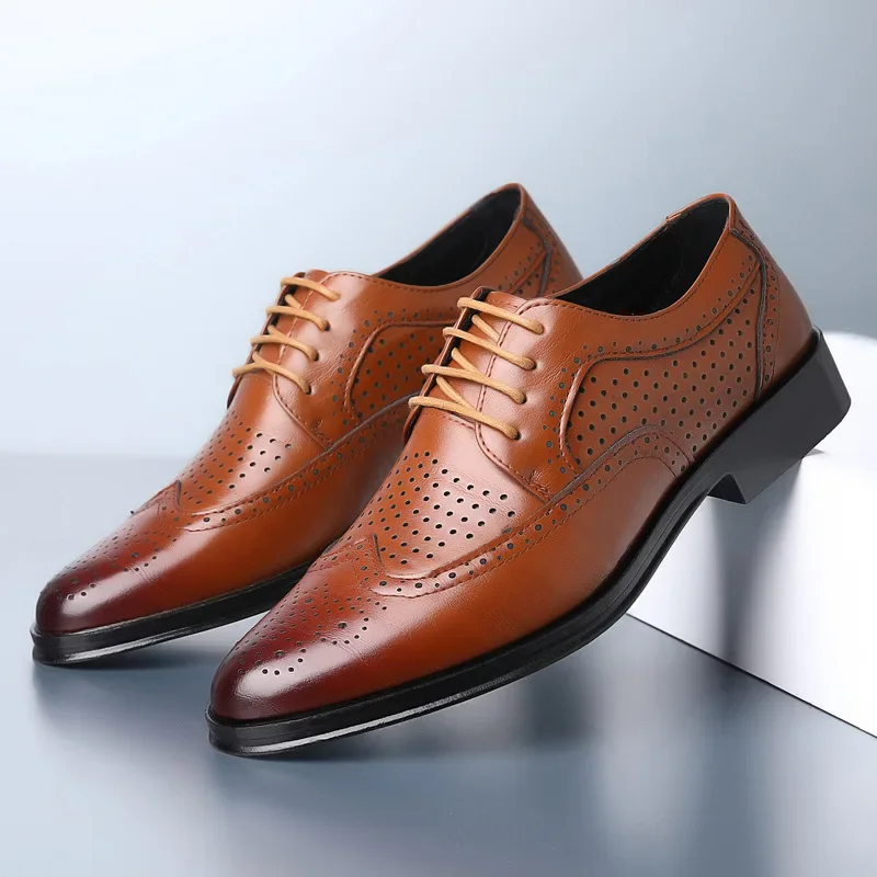 Genuine Leather Dress Shoes Men Summer Hollow Out Plus Size Luxury Cowhide Man Business Shoes Wedding Footwear Casual Shoe Male